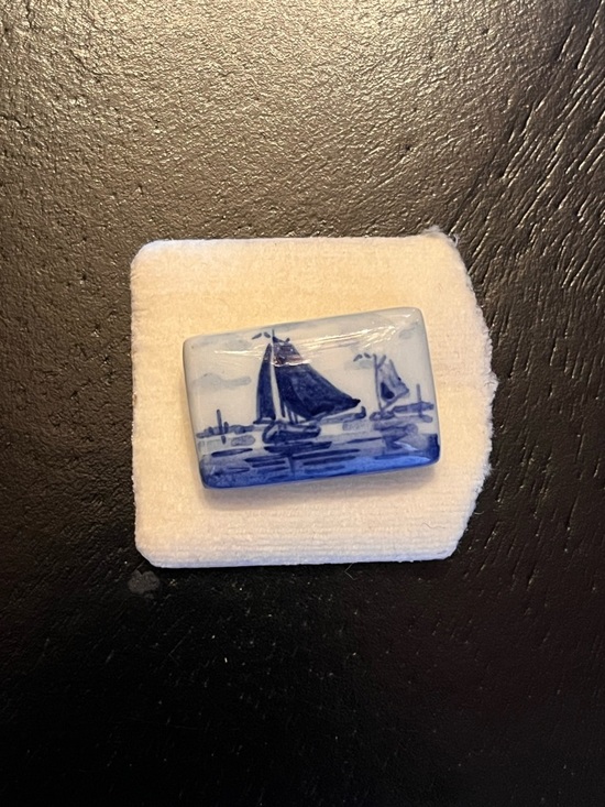 Jewelry - Vintage Ceramic Pin Blue and White Sailboat Delft Holland